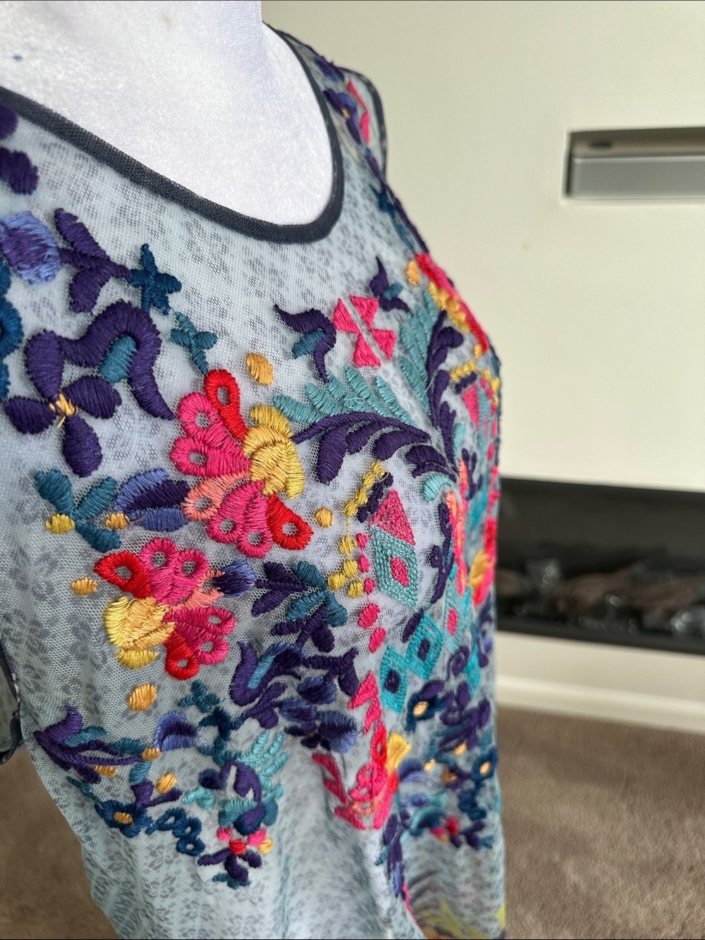 Johnny Was Sheer Floral Embroidered Maxi Dress in Blue, Pink, Green - Picture 5 of 8